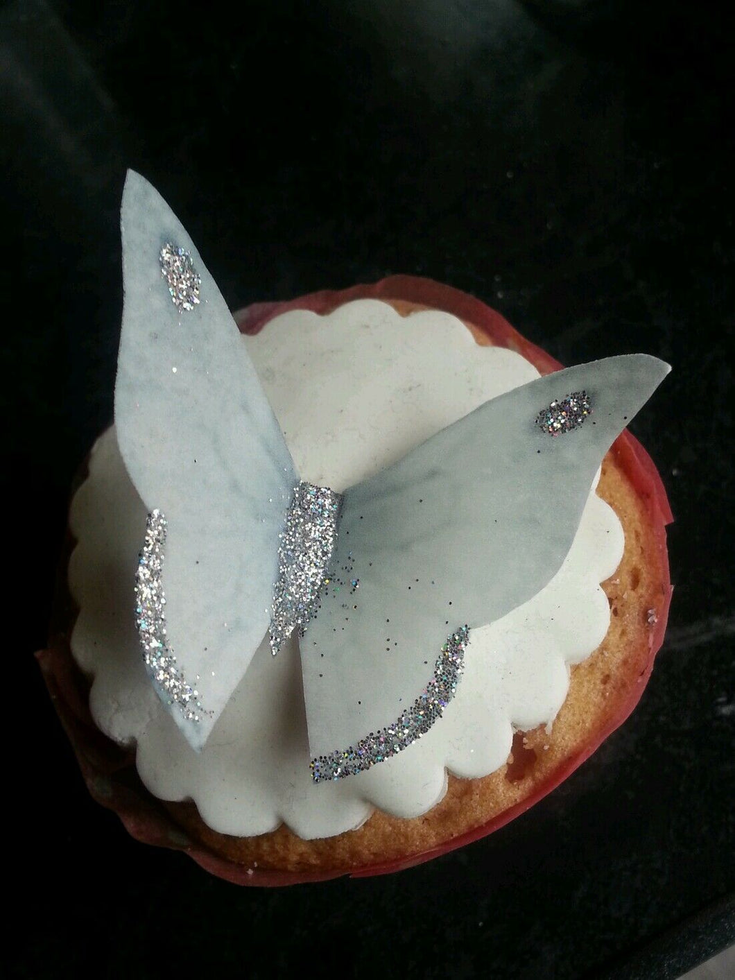 12 Precut Edible Silver & White Glitter Butterflies for cake and cupcake toppers