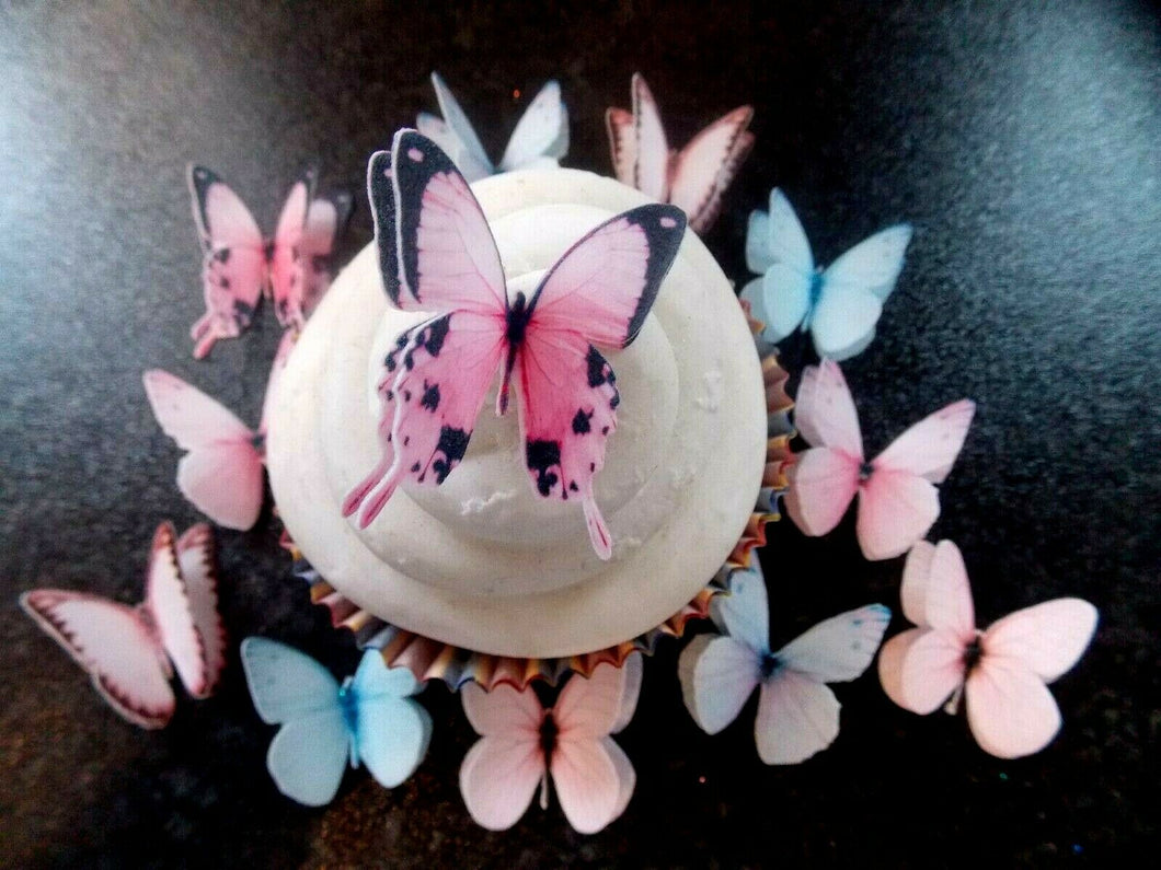 12 PRECUT Edible small Double Pinkblue Butterfly wafer paper cake/cupcake topper