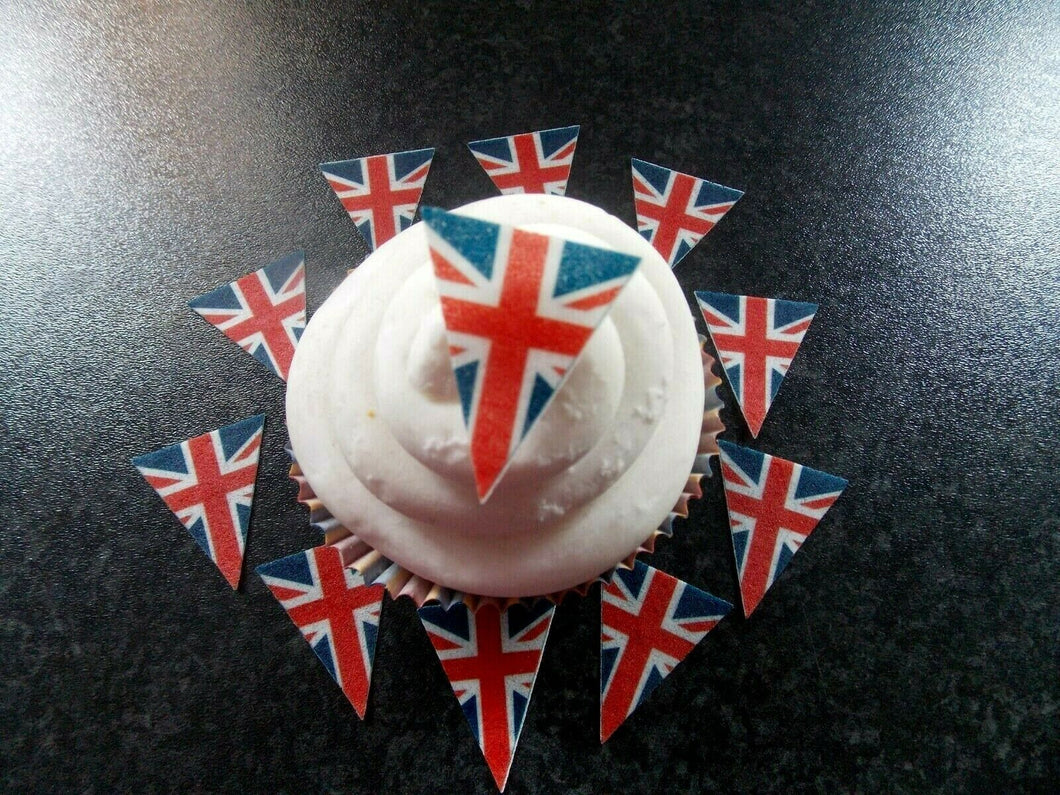 30 PRECUT Union Jack/VE Day Bunting/Flag Edible wafer/rice paper cupcake topper