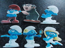 Load image into Gallery viewer, 12 PRECUT Edible Smurfs wafer/rice paper cake/cupcake toppers
