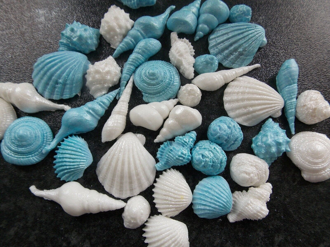 40 Edible Blue and White Shimmery Sea shells fondant cake/cupcake toppers