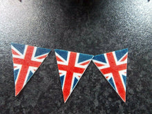 Load image into Gallery viewer, 30 PRECUT Union Jack/VE Day Bunting/Flag Edible wafer/rice paper cupcake topper

