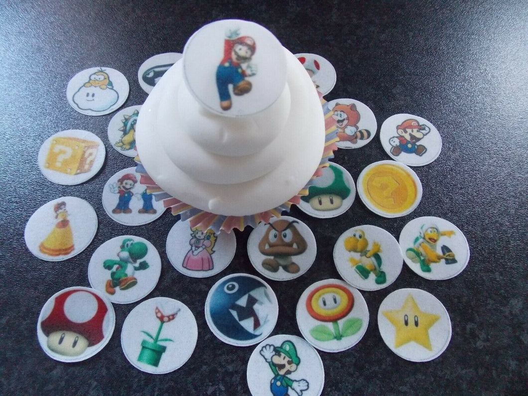24 PRECUT small Edible Mario Discs wafer/rice paper cake/cupcake toppers