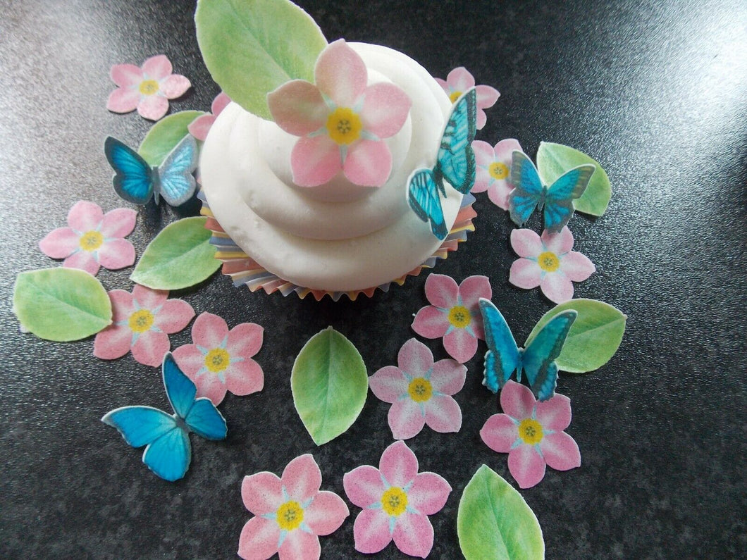56 Precut Pink Flower, Leaves and Butterfly topper set for cakes and cupcakes