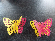 Load image into Gallery viewer, 12 PRECUT Double Yellow/Pink Edible wafer paper Butterflies cupcake toppers2
