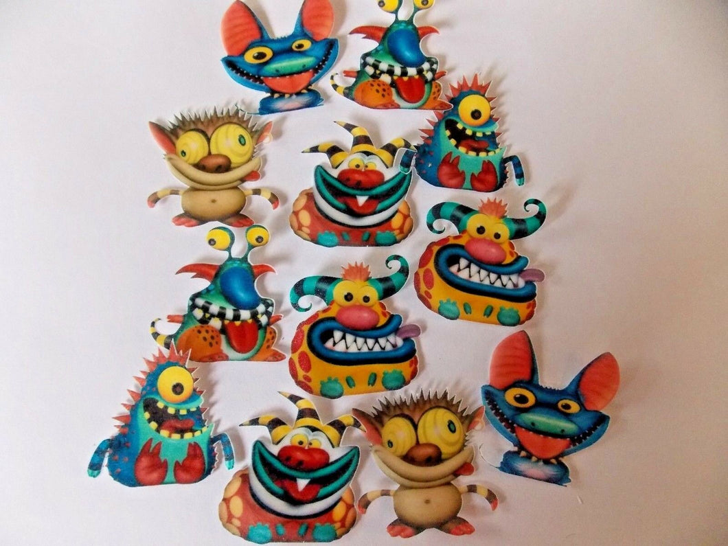 12 PRECUT edible wafer/rice paper Colourful Monsters cake/cupcake toppers