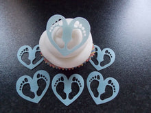 Load image into Gallery viewer, 12 PRECUT Blue Baby Feet Hearts Edible wafer/rice paper cake/cupcake toppers
