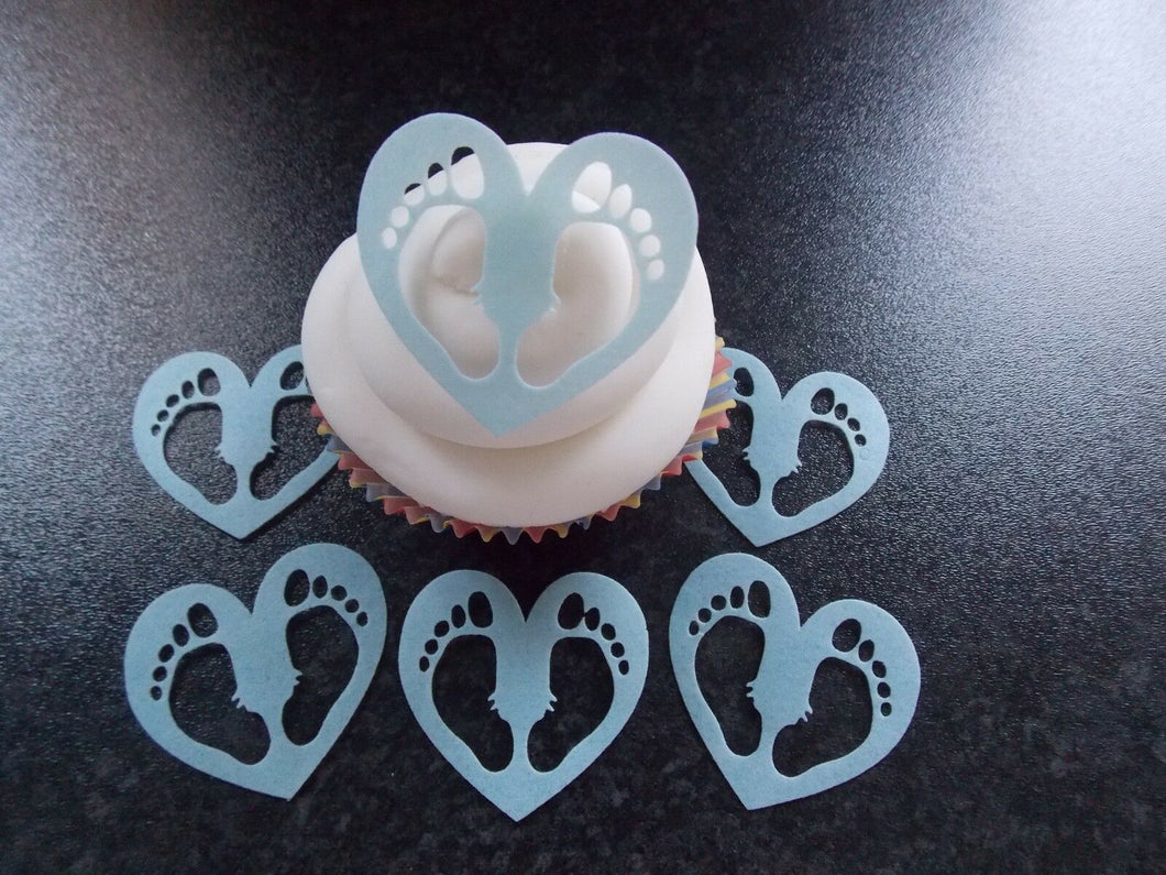 12 PRECUT Blue Baby Feet Hearts Edible wafer/rice paper cake/cupcake toppers
