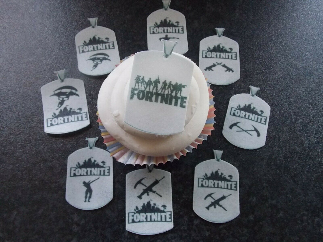 12 PRECUT Edible Fortnite Dog tags wafer/rice paper cake/cupcake toppers
