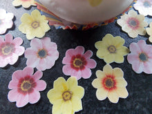 Load image into Gallery viewer, 24 PRECUT Edible small Pink &amp; Yellow Mix Flowers wafer paper cake/cupcake topper
