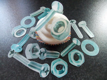 Load image into Gallery viewer, 20 PRECUT Edible Nuts and Bolts wafer/rice paper cake/cupcake toppers
