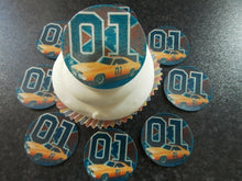 Load image into Gallery viewer, 12 PRECUT Edible Dukes of Hazzard Discs wafer/rice paper cake/cupcake toppers

