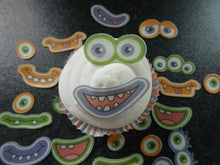 Load image into Gallery viewer, 12 Sets of Edible wafer Paper Monster Faces (boys) cake/cupcake toppers
