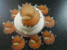 Load image into Gallery viewer, 12 PRECUT Edible Highland Cows wafer/rice paper cake/cupcake toppers
