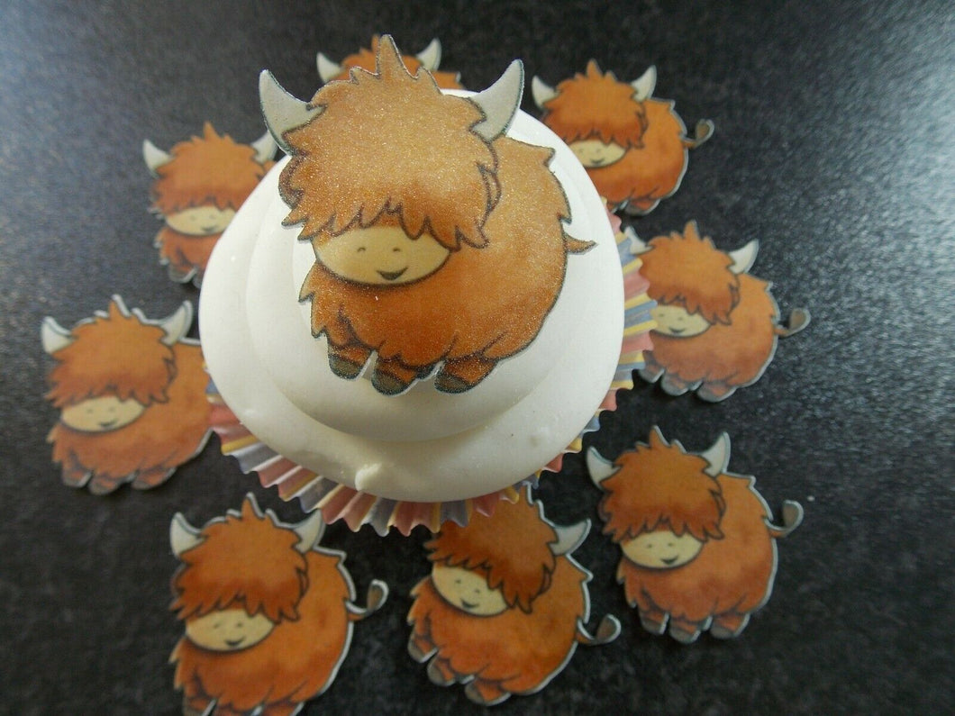 12 PRECUT Edible Highland Cows wafer/rice paper cake/cupcake toppers