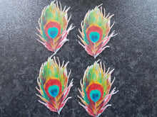 Load image into Gallery viewer, 12 PRECUT Edible Multi Colour Peacock Feathers wafer paper cake/cupcake toppers
