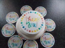 Load image into Gallery viewer, 12 PRECUT Edible Thank you Discs wafer/rice paper cake/cupcake toppers (2)
