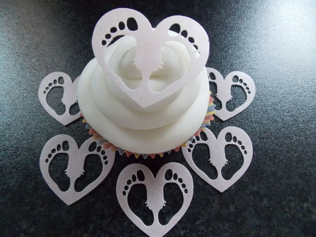 12 PRECUT Pink Baby Feet Hearts Edible wafer/rice paper cake/cupcake toppers