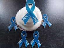 Load image into Gallery viewer, 12 PRECUT Edible blue Colon Cancer ribbon wafer/rice paper cake/cupcake toppers
