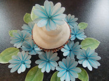 Load image into Gallery viewer, 34 piece 3D Edible blue daisy flowers and leaves wafer paper cake/cupcake topper
