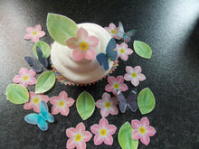 Load image into Gallery viewer, 56 Precut Pink Flower, Leaves and Butterfly topper set for cakes and cupcakes
