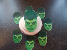 Load image into Gallery viewer, Large Edible precut Incredible Hulk cake and cupcake toppers
