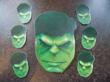 Load image into Gallery viewer, Large Edible precut Incredible Hulk cake and cupcake toppers
