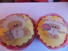 Load image into Gallery viewer, 12 PRECUT Edible Easter Lamb and rabbit wafer/rice paper cake/cupcake toppers
