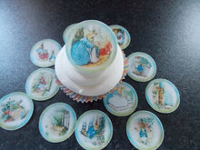 Load image into Gallery viewer, 12 PRECUT Edible Vintage Peter Rabbit disc wafer/rice paper cake/cupcake toppers

