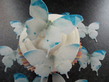 Load image into Gallery viewer, 12 PRECUT Edible white and Blue Butterflies wafer paper cake/cupcake toppers(h)
