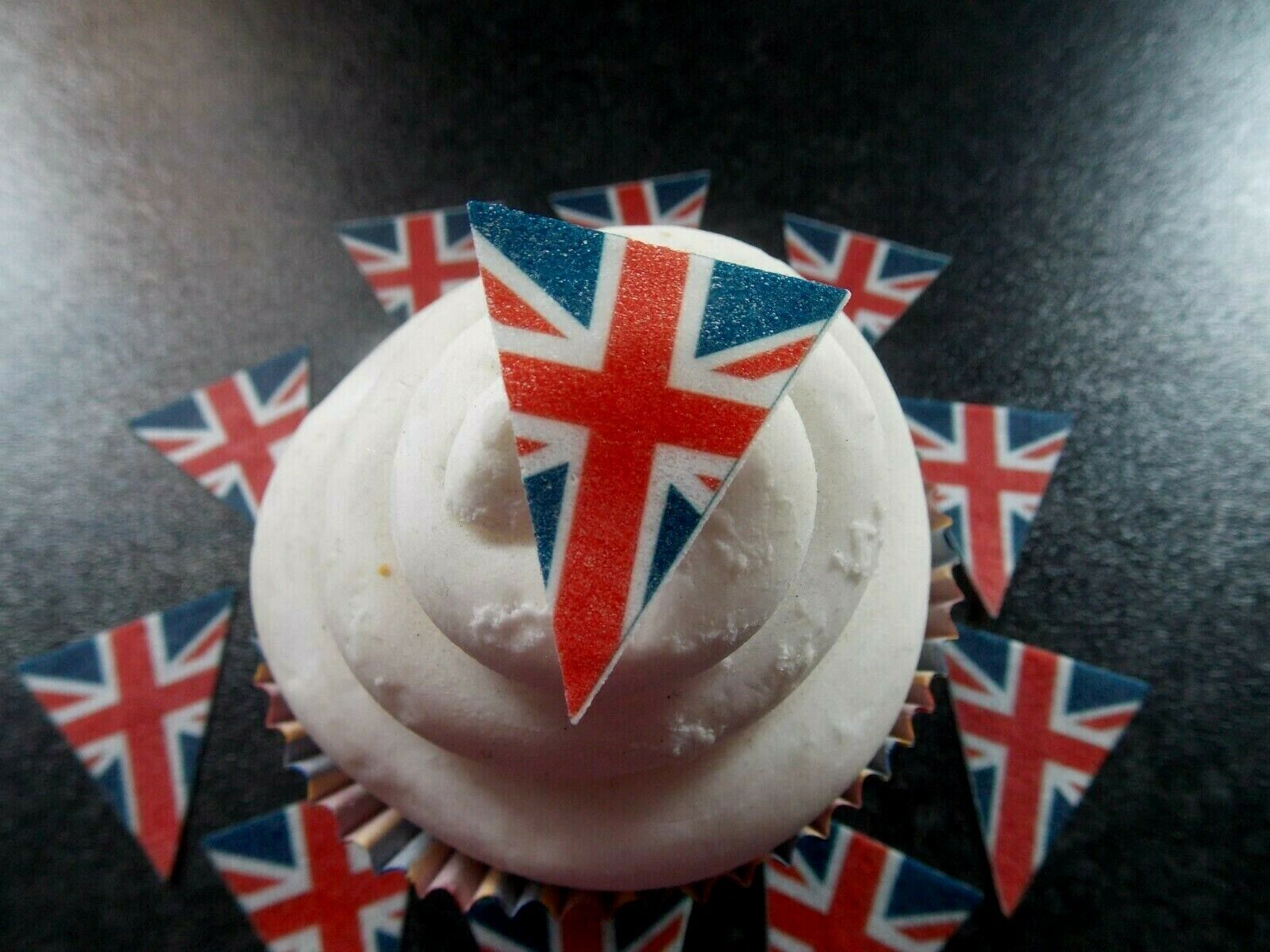 30 PRECUT Union Jack/VE Day Bunting/Flag Edible wafer/rice paper cupcake  topper