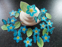 Load image into Gallery viewer, 56 Precut Blue Flower, Leaves and Butterfly topper set for cakes and cupcakes
