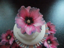 Load image into Gallery viewer, 12 x 3D Edible Pink and Purple (a) flowers wafer/rice paper cake/cupcake toppers
