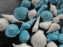Load image into Gallery viewer, 40 Edible Blue and White Shimmery Sea shells fondant cake/cupcake toppers

