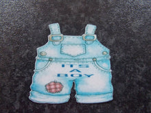 Load image into Gallery viewer, 12 PRECUT Baby Boy Dungarees Edible wafer paper christening cake/cupcake toppers
