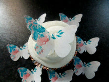 Load image into Gallery viewer, 16 PRECUT Edible Floral PinkBlue White Butterfly wafer paper cake/cupcake topper
