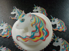 Load image into Gallery viewer, 12 PRECUT Edible Unicorn Heads wafer/rice paper cake/cupcake toppers
