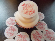 Load image into Gallery viewer, 12 PRECUT Birthday Disc pink bird Edible wafer/rice paper cake/cupcake toppers
