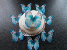 Load image into Gallery viewer, 12 PRECUT Edible Blue Butterfly wafer/rice paper cake/cupcake toppers(a)
