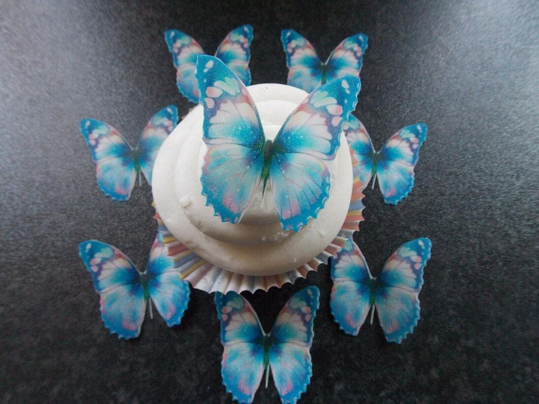 12 PRECUT Edible Blue Butterfly wafer/rice paper cake/cupcake toppers(a)