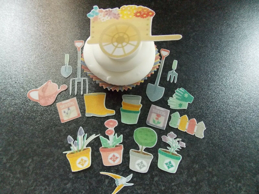 17 piece PRECUT  gardening set edible wafer/rice paper cake/cupcake toppers