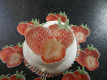 Load image into Gallery viewer, 12 PRECUT Edible Strawberries wafer/rice paper cake/cupcake toppers

