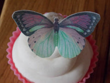 Load image into Gallery viewer, 12 PRECUT Purple &amp; Green Edible wafer paper Butterflies cake/cupcake toppers
