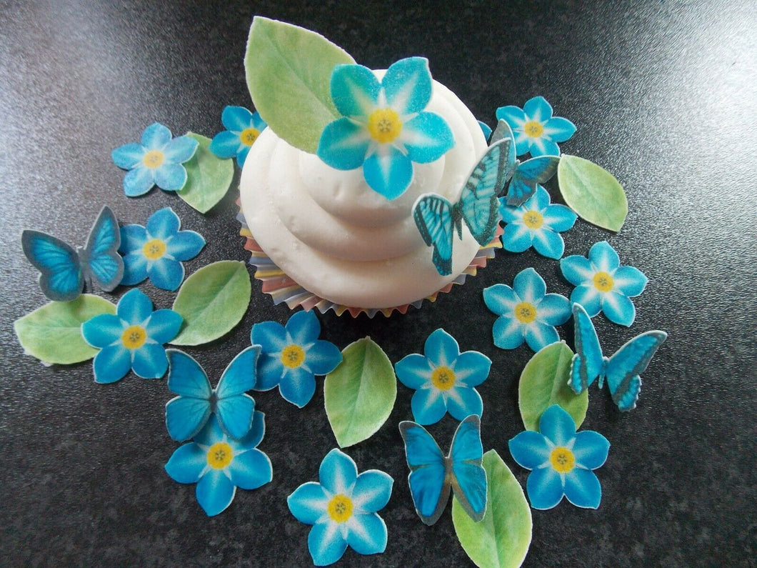 56 Precut Blue Flower, Leaves and Butterfly topper set for cakes and cupcakes
