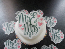 Load image into Gallery viewer, 12 PRECUT Edible Mr and Mrs Wedding wafer/rice paper cake/cupcake toppers
