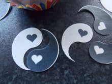 Load image into Gallery viewer, 24 PRECUT Edible Yin Yang with hearts wafer/rice paper cake/cupcake toppers
