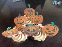 Load image into Gallery viewer, 12 PRECUT Edible Halloween Pumpkins wafer/rice paper cake/cupcake toppers
