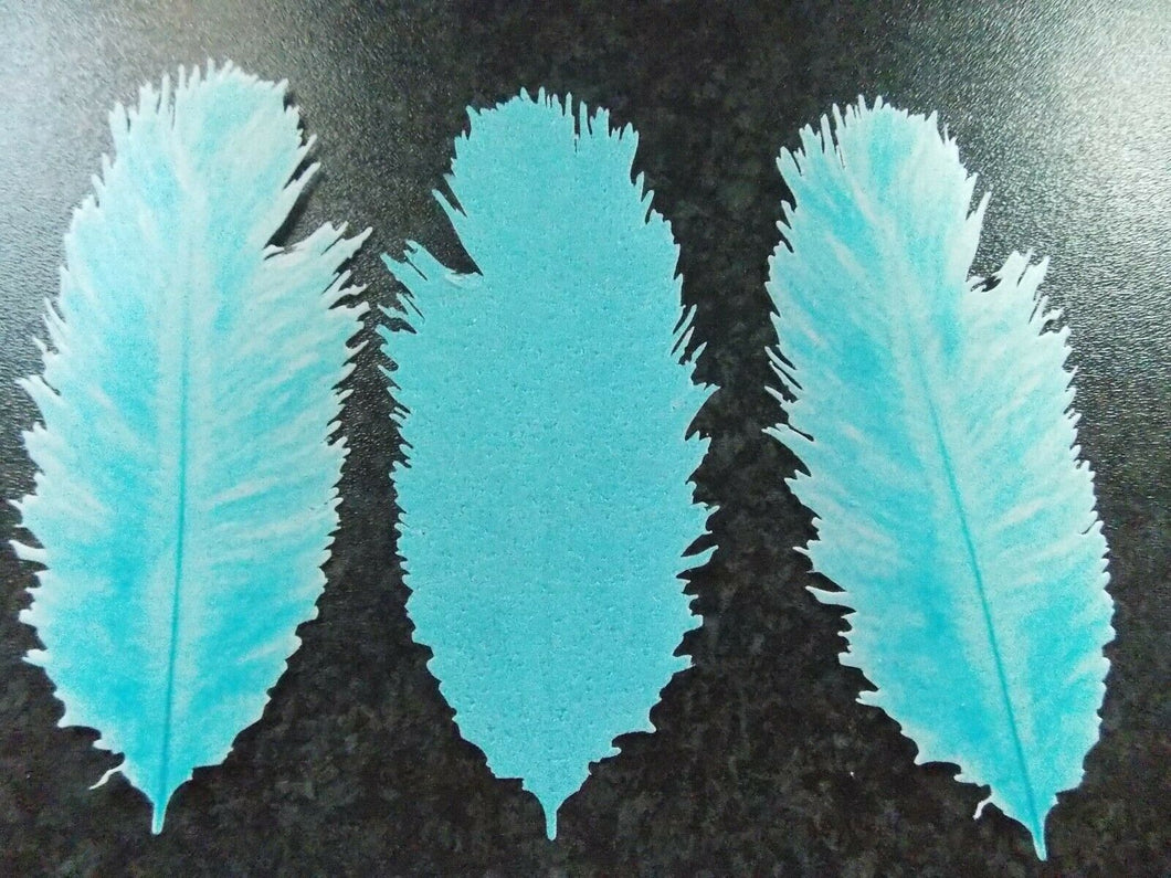 3 PRECUT Large Edible L.Blue Ostrich/Burlesque Feather wafer paper cake topper