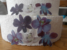 Load image into Gallery viewer, 12 PRECUT Edible Purple Orchid wafer/rice paper cake/cupcake toppers
