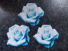 Load image into Gallery viewer, 12 PRECUT Edible Blue Roses wafer/rice paper cake/cupcake toppers
